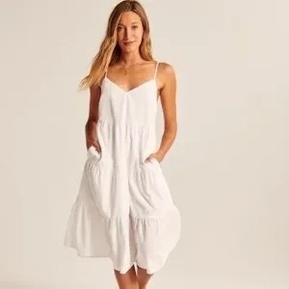 Abercrombie & Fitch White Poplin Dress Tiered Boho Beach Pockets Classic XL Tall